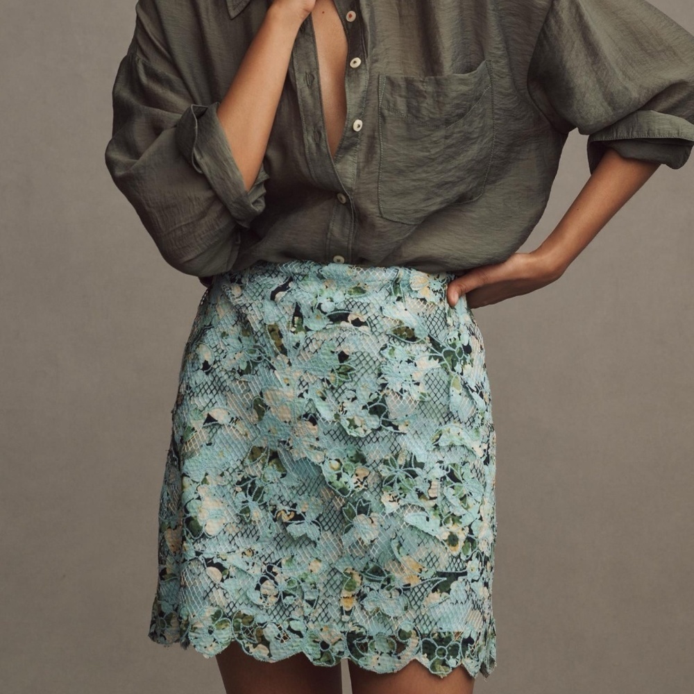 COPY - NWT  By Anthropologie  Blue Printed Embroidered Lace Mini Skirt Large - Picture 5 of 5